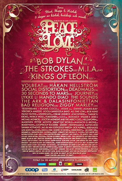 Vi på redaktionen har det stora nöjet att tävla ut 3 st festivalpass + camping till Peace & Love i Borlänge den 28 juni - 2 juli 2011. 3 personer kan vinna varsitt festivalpass som gäller i 5 dagar inkl camping (värde ca 1795 kr/pass). Tävlingen pågår fram till den 19 juni.